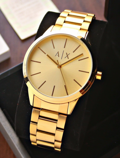Armani Exchange Cayde AX2707 Men's Analog Watch – Gold Dial with Coordinated Gold Stainless Steel Strap